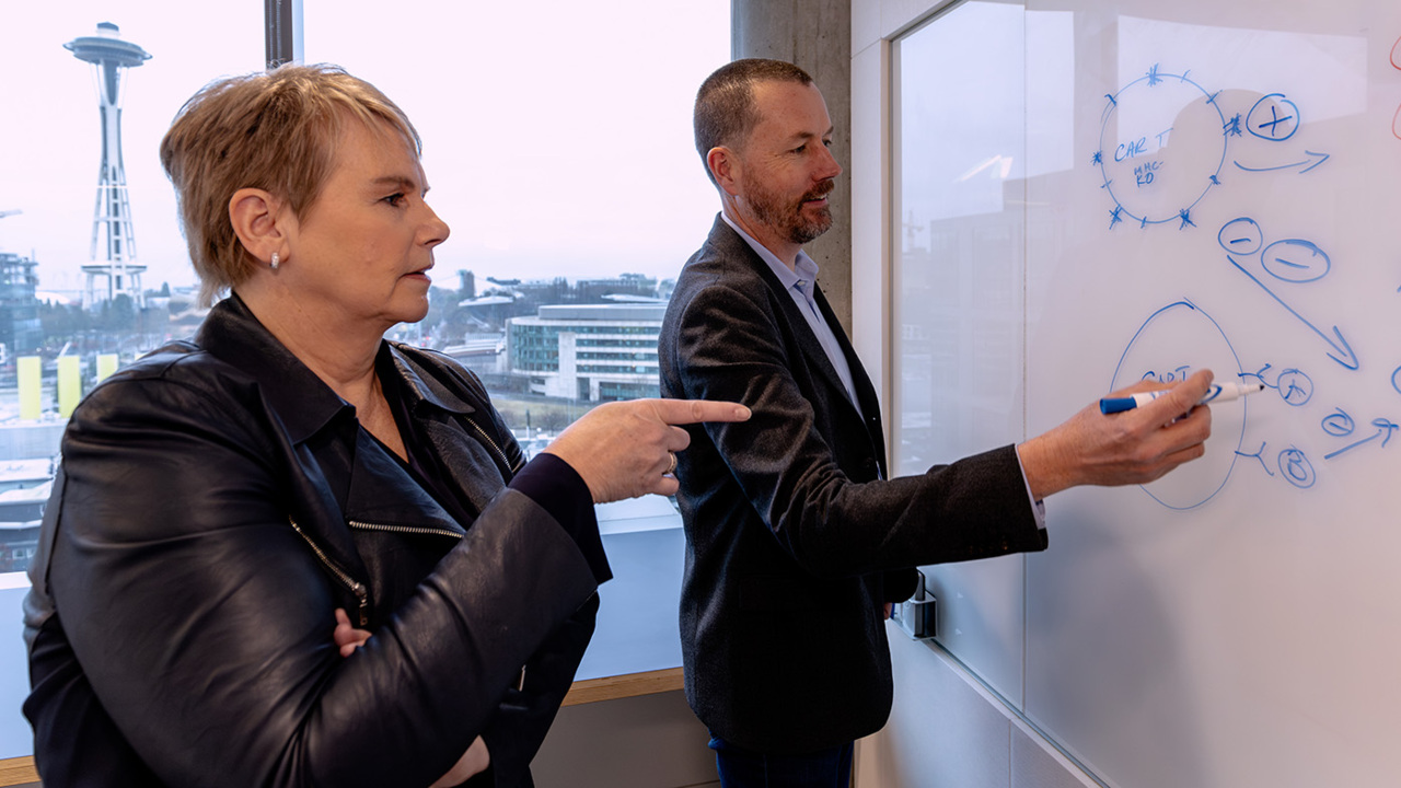 Photo of employees collaborating with a whiteboard